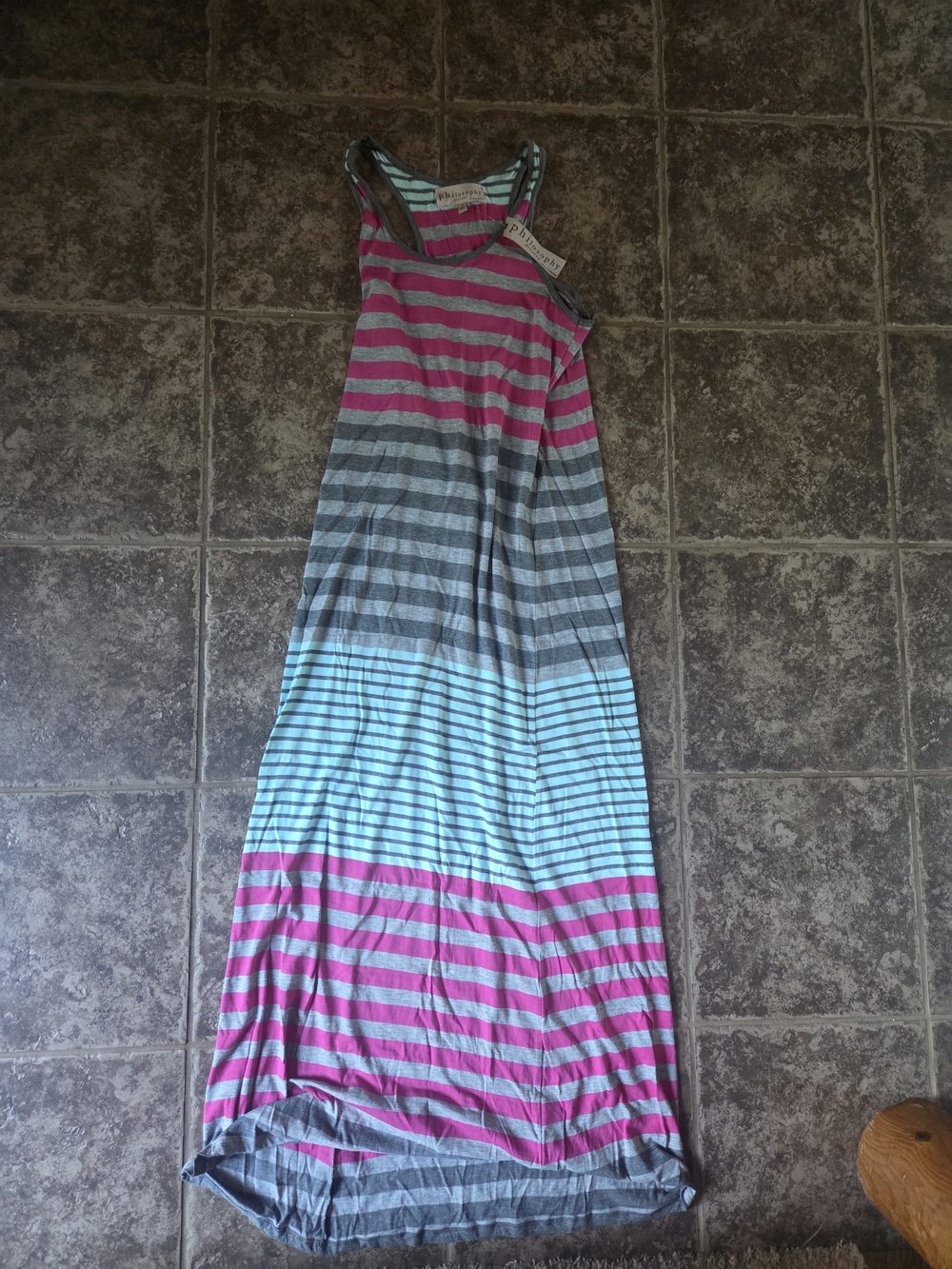 Philosophy Tank Dress size SStriped Racerback Maxi Dress in Pink, Gray & Aqua